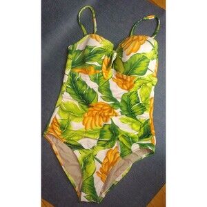 Kona Sol Women's One Piece Tropical Green Orange Removable Straps Ruched Size L